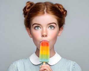 Young girl with colorful popsicle, smiling against a neutral background, showcasing joy and summer fun