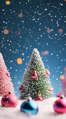 Obraz premium Magical winter wonderland scene with a frosted miniature Christmas tree adorned with colorful ornaments against a snowy blue bokeh background