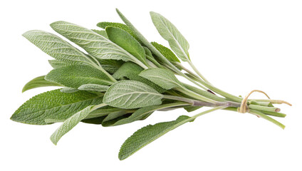 A bunch of fresh sage leaves tied together with twine on a white background close up studio shot