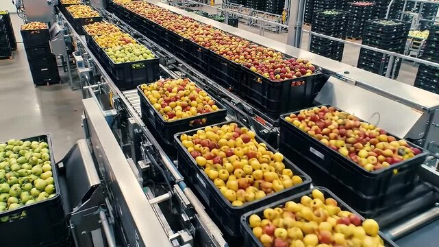Factory with automated conveyors carrying crate loads of fruit for sorting/processing