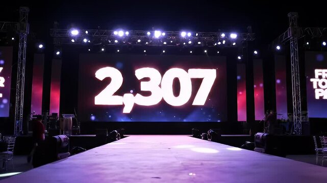 Purple runway leading to a stage screen showing "2,306" at an event with spotlights