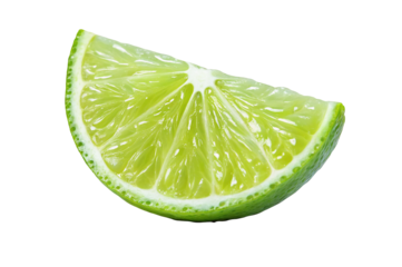Isolated lime wedge with green rind and juicy pulp on a white background in a close up shot