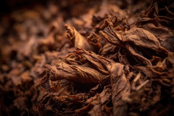 Closeup of dried crinkled tobacco leaves in shades of brown