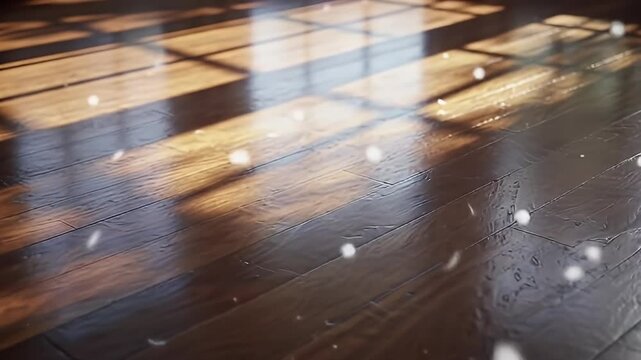 Glossy hardwood floor shows light patterns from windows with small white particles