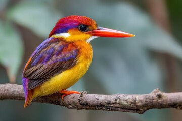 Colorful bird with red head purplebrown wings yellow body and red beak perched on a branch