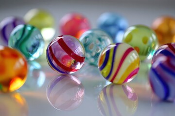 Colorful glass marbles are scattered and reflecting on a glossy surface