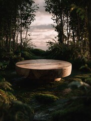 Natural wooden platform surrounded by lush forest foliage green