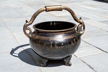 Ornate Bronze Cauldron on Light Gray Stone Patio