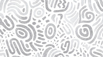 Abstract gray seamless pattern featuring scribbled lines, swirls, circles, and geometric shapes, creating a modern design ideal for backgrounds and textiles