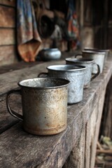 Fototapeta premium Four tarnished metal cups are arranged in a row on a weathered wooden surface