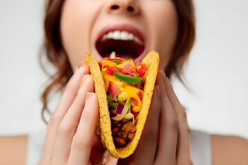 Close-up of a woman joyfully holding a colorful taco, showcasing fresh ingredients against a neutral background