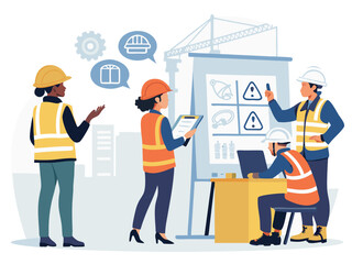 Cartoon business people, including a woman engineer and a builder, stand with a blueprint at a construction site