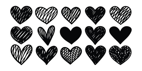 Hand Drawn Black Doodle Hearts Collection - Textured Love Symbols
