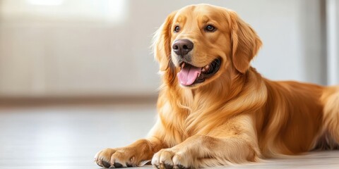 Golden retriever rests comfortably in a bright, modern living room during the afternoon sunlight