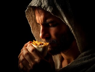 A man in a hooded cloak savoring a burrito in low light, highlighting his focused expression