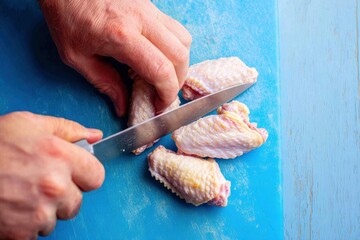 Hands cutting chicken wings on a blue cutting board with a silver knife