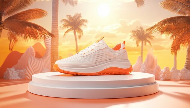 White sneaker on podium, tropical sunset backdrop