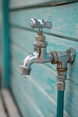 Leaky metal faucet with droplets against blue siding