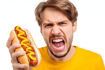 Angry man in a yellow shirt passionately holding a hot dog with mustard, expressing frustration