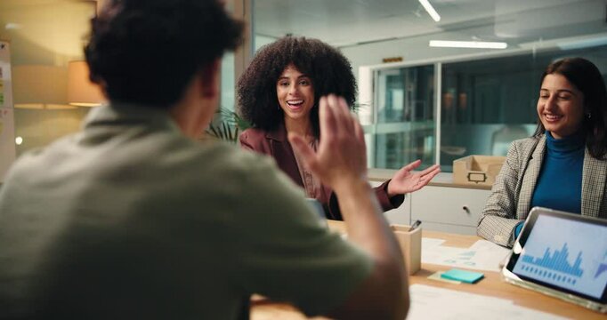 Night, business people and high five in office for success, talk and celebrate investment increase. Happy group, teamwork and hands together for financial growth, performance chart and working late