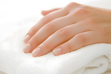 Elegant female hand with neatly manicured nails resting on soft white towel, showcasing beauty and relaxation in a serene spa environment with gentle lighting