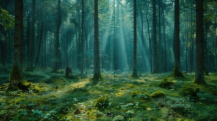 Obraz premium Enchanted Forest Sunlight: Teal-Emerald Moss Trees with Soft Focus Nature