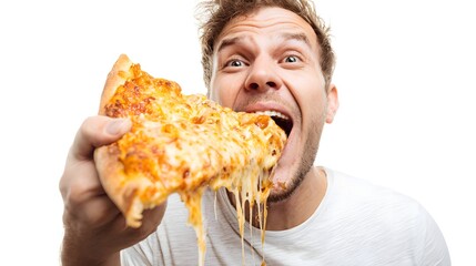 Man joyfully eating a slice of cheesy pizza, with a bright white background highlighting his excitement