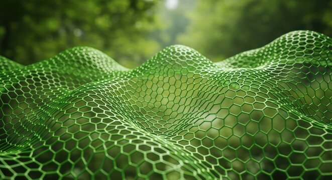 Abstract Green Hexagonal Mesh Overlaying Lush Forest Background