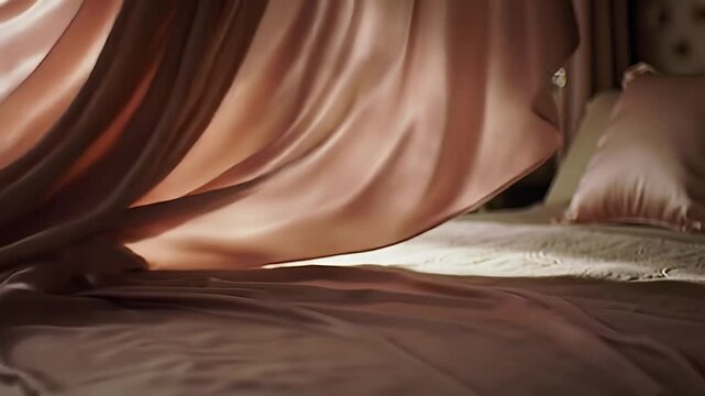 A silky, pink sheet flows across a soft bed in a dimly lit, cozy bedroom setting