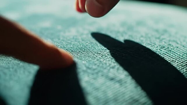 Close-up of fingers touching a textured blue-green surface, possibly fabric or a mousepad