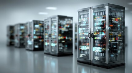 Blurred Data Server Racks in Modern Data Center with Cool Lighting and Reflective Floor
