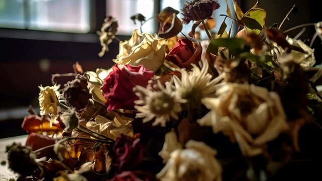 Dramatic floral arrangement featuring wilting roses and sunflowers near a bright window, suggesting themes of decay and mortality.