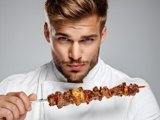 Chef holding a delicious meat skewer, showcasing culinary skill in a professional kitchen setting