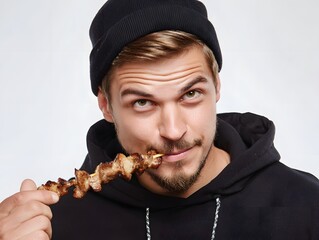 Young man in a black hoodie and beanie enjoying a skewer of grilled meat, with a neutral background