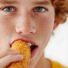 Close-up of a young boy enjoying a crispy snack, with a bright kitchen background and soft lighting