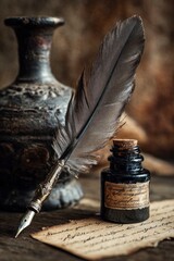 Quill and inkwell on a written page next to a vase evoking a sense of old writing