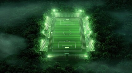 Soccer field brightly illuminating dark forest landscape, featuring glowing green pitch amid shadowy trees under starlit night sky