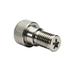 A single, pristine, new silver-colored metal thumb screw with a finely knurled head and precise threads, isolated against a brilliant white background with shadowless lighting, product photography