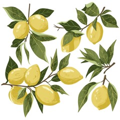Colorful illustration of lemon branches with fresh yellow lemons and green leaves. A vibrant botanical composition perfect for kitchen prints, recipe cards, packaging, or summer-themed designs.