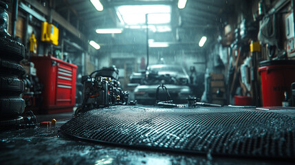 Car engine repair on turntable in busy auto shop