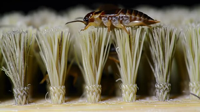 Close-up of three earwigs crawling among the bristles of a light-colored brush