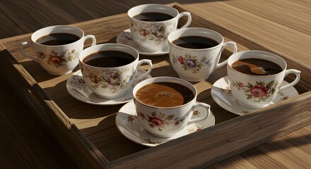 Fototapeta premium Coffee cups on wooden tray