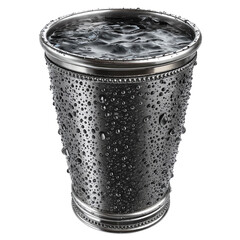 A shiny metal cup filled with ice-cold water, showcasing droplets that add a refreshing allure.