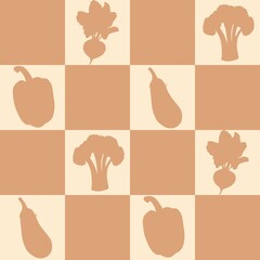 Seamless checkered pattern with silhouettes of vegetables in orange colors