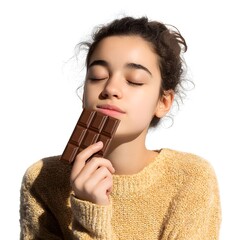 Young girl enjoying a chocolate bar with eyes closed, wearing a cozy sweater against a white backdrop