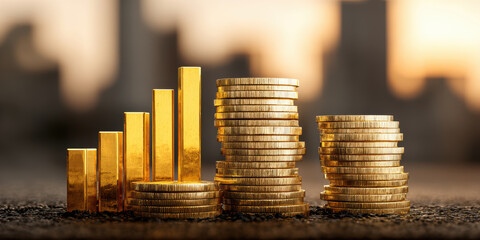 Economic growth infrastructure strategy. Golden bars and coins symbolize economic growth and infrastructure strategy