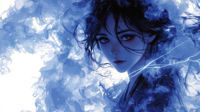 skuld, youngest of norns, grips gleaming silver shears, her piercing gaze focused ahead dark robes contrast glowing thread she prepares cut, embodying essence of fate