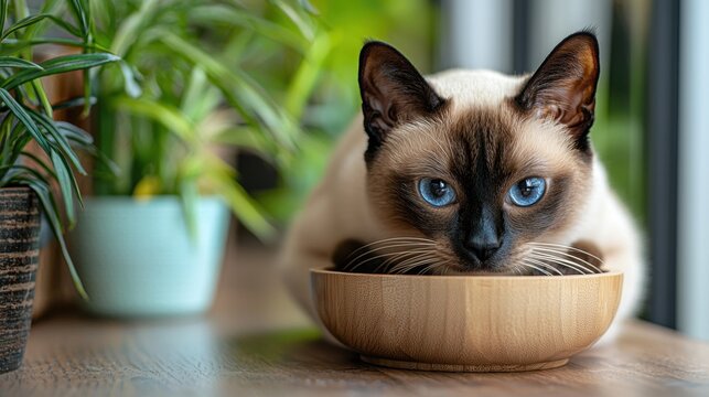sleek siamese cat savors gourmet food from elevated wooden bowl while sitting next chic food box in calm indoor environment filled greenery