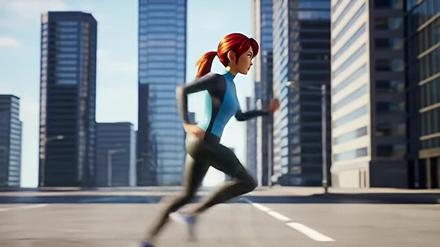 Animated woman with red hair runs through a city street of modern buildings