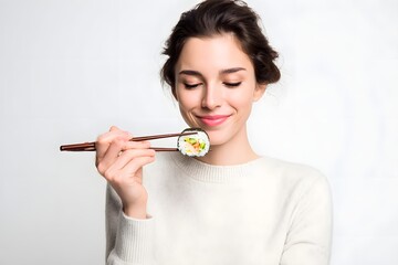 Young woman enjoying sushi with chopsticks, smiling, against a plain background, capturing joy in dining